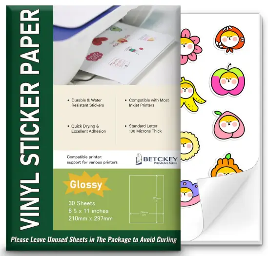 8.5" x 11" Glossy Printable Vinyl Sticker Paper for Inkjet or Laser Printers